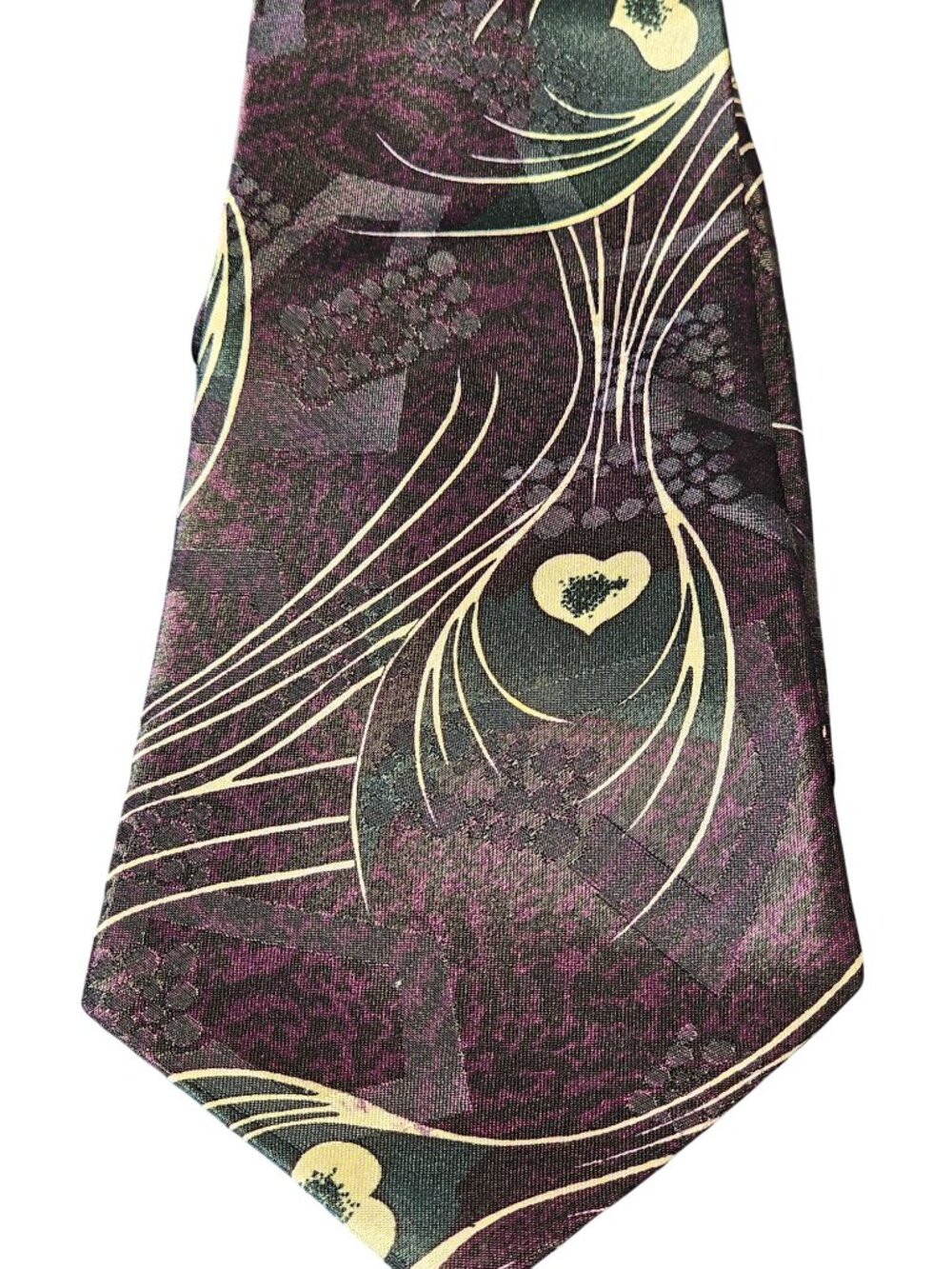 Vintage Bossanoba Silk Tie With Purple & Cream Abstract Floral and Heart Design - Picture 8 of 10